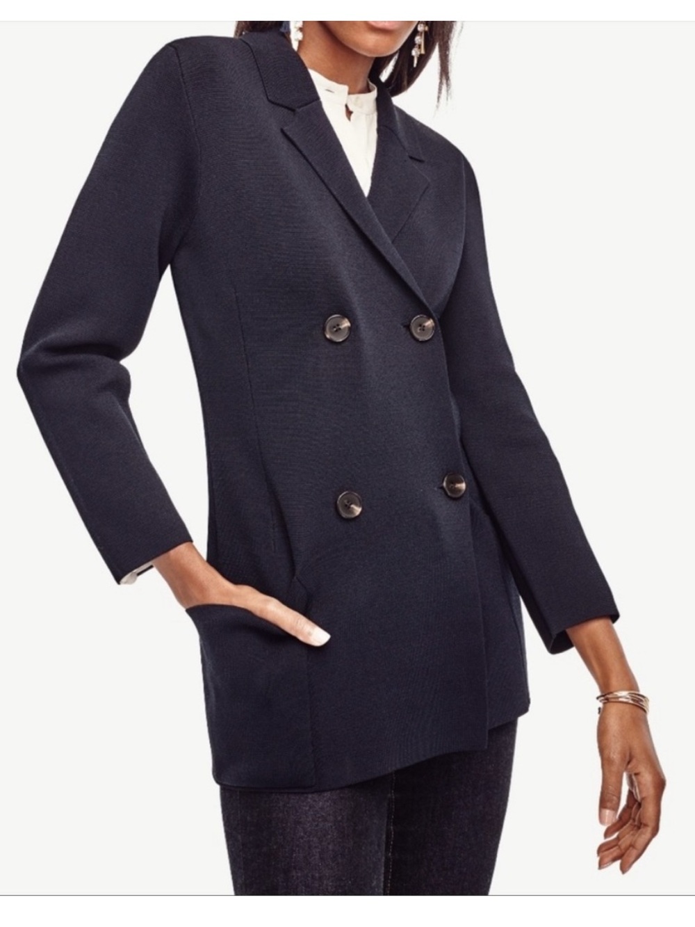 Ann Taylor Knit Double Breasted Sweater Blazer. Navy Blue. Size Small.